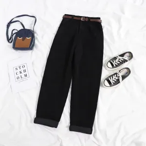 Women's Corduroy Pants High Waist Vintage Casual Wide Leg Pants Belt Cotton Streetwear