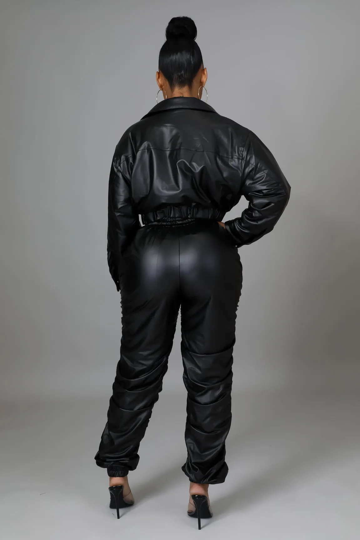 Women's Faux leather Long sleeve Crop jacket High waisted Black Pant Set