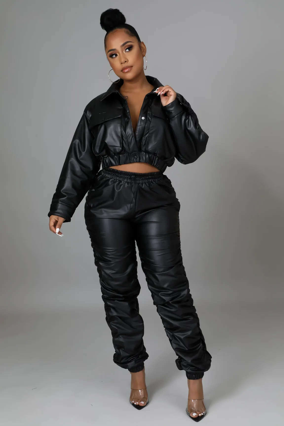 Women's Faux leather Long sleeve Crop jacket High waisted Black Pant Set
