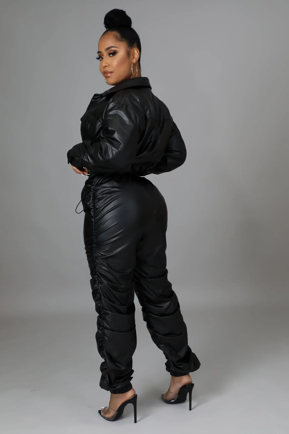 Women's Faux leather Long sleeve Crop jacket High waisted Black Pant Set