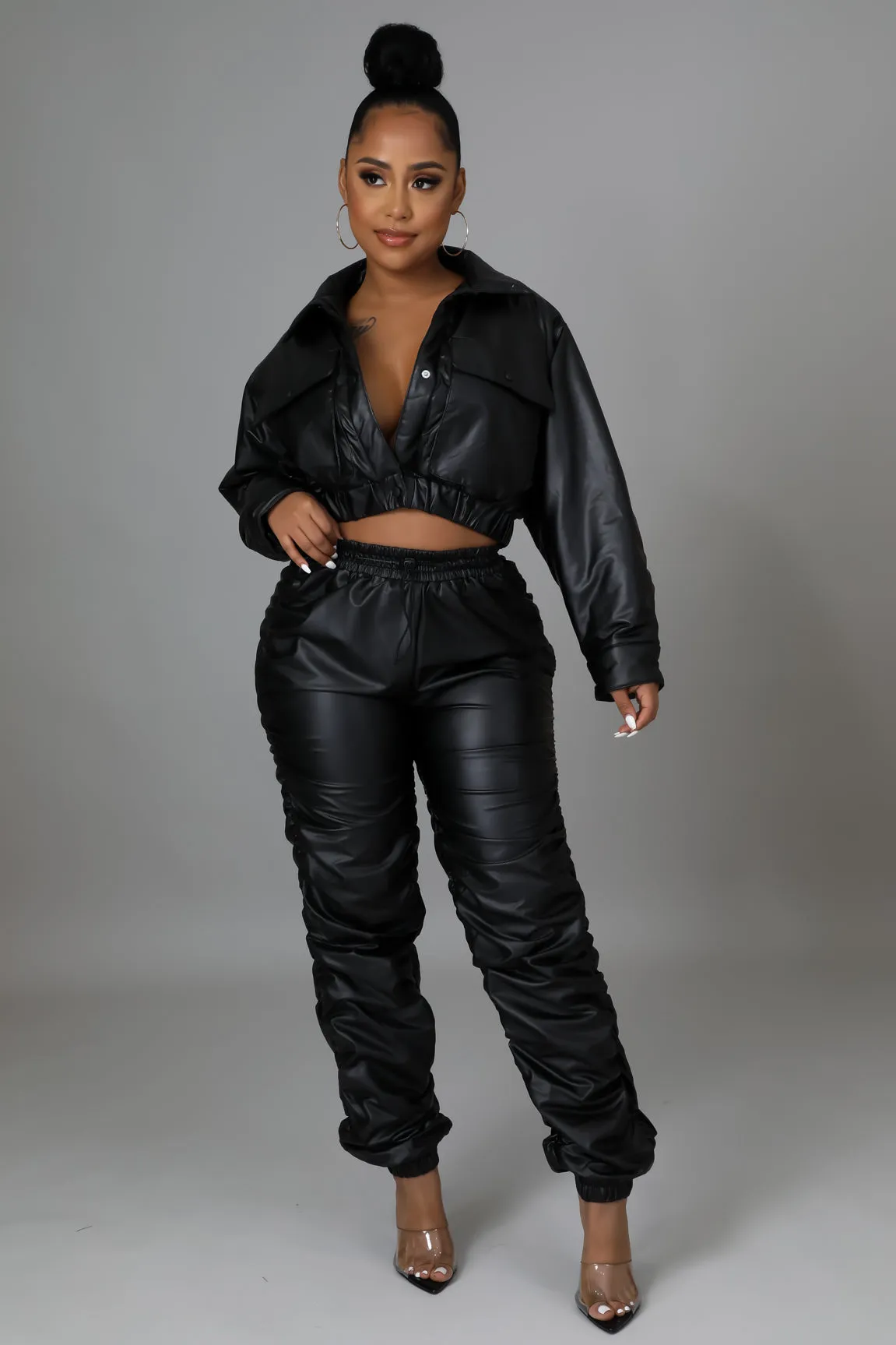 Women's Faux leather Long sleeve Crop jacket High waisted Black Pant Set