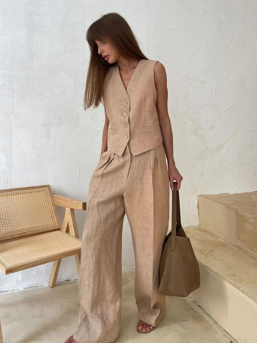 Women's Linen Cotton Chic Vest ＆ Pant Suit Two-Piece Set Office Casual Spring Summer Chic 2-Piece Set