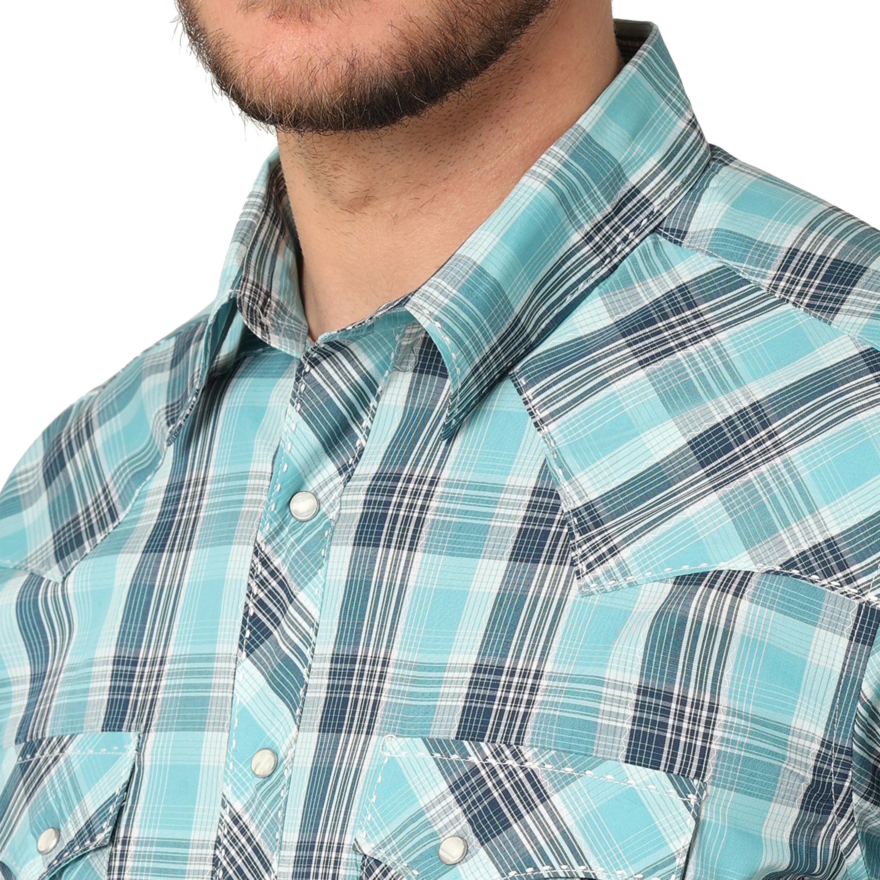 Wrangler Men's Western Fashion Plaid Snap Shirt Blue Sea
