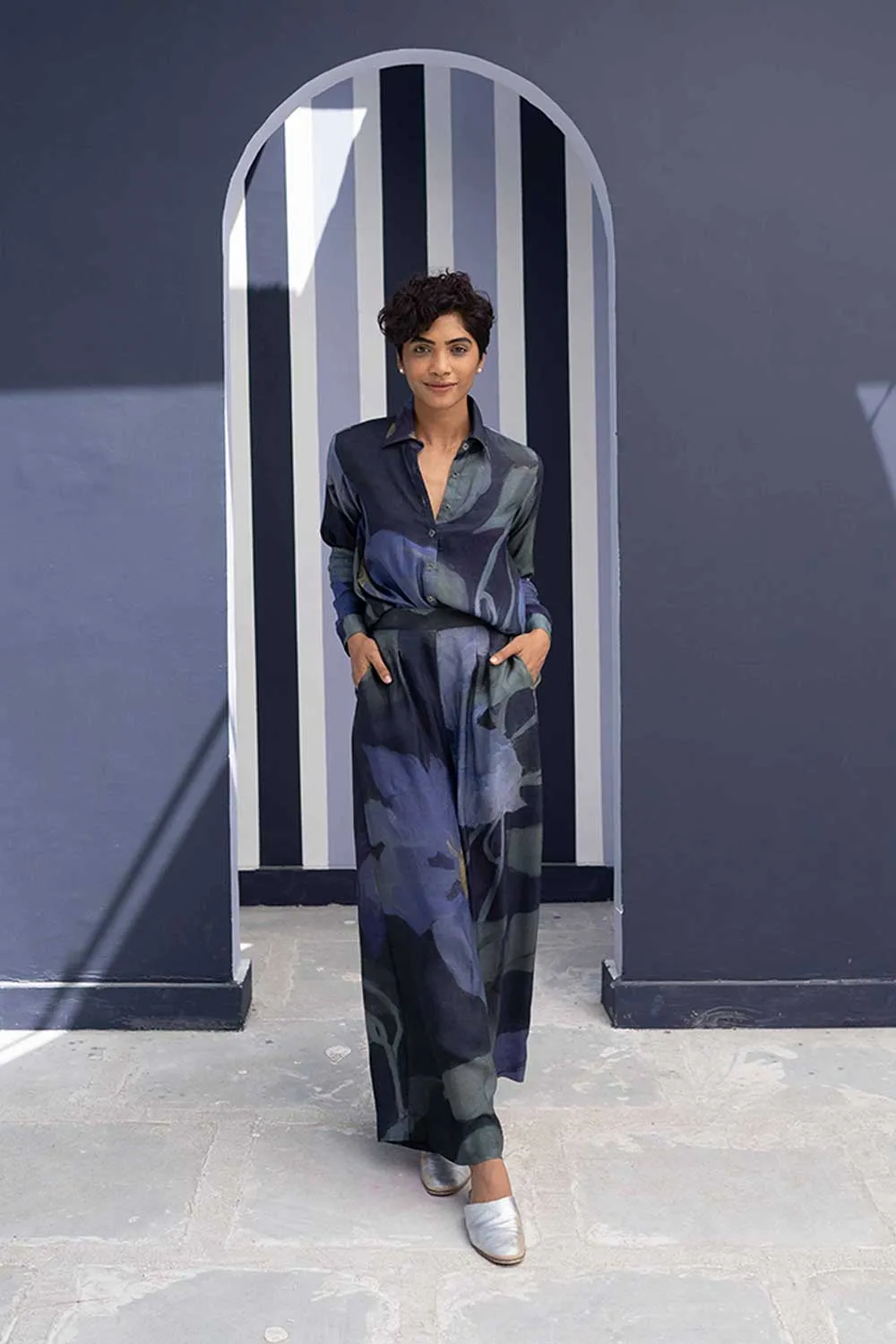 YAM   I   Almeria BABKA CO-ORD 2  (SHIRT & PANTS) SILK BLUE YAMBILLIE22