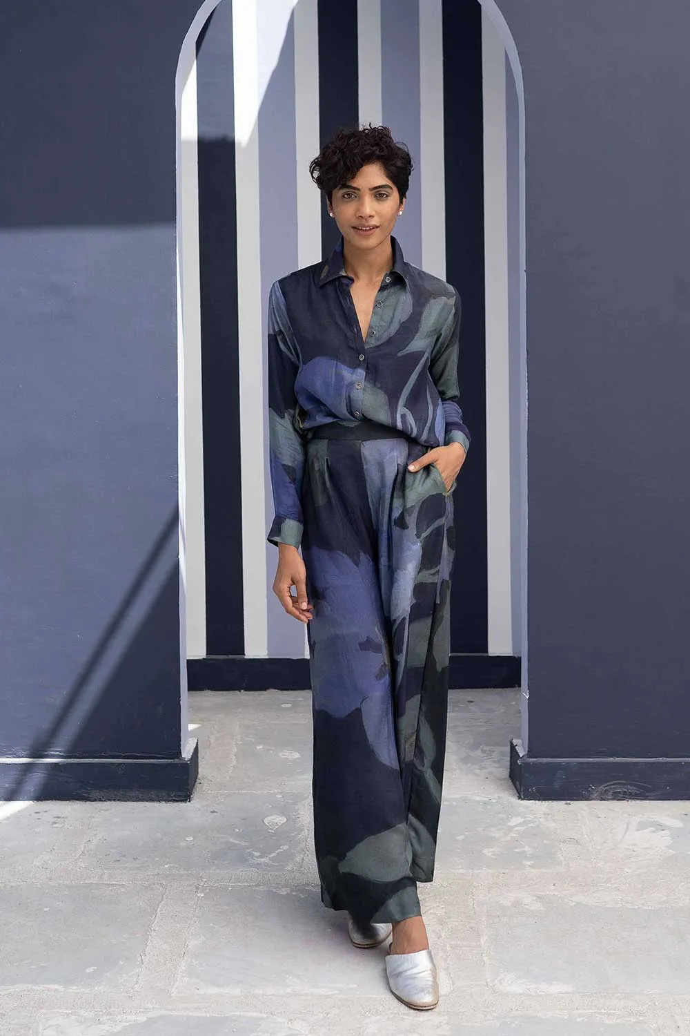 YAM   I   Almeria BABKA CO-ORD 2  (SHIRT & PANTS) SILK BLUE YAMBILLIE22