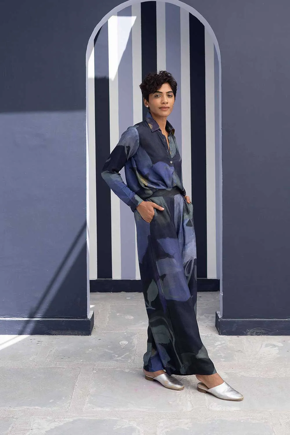 YAM   I   Almeria BABKA CO-ORD 2  (SHIRT & PANTS) SILK BLUE YAMBILLIE22