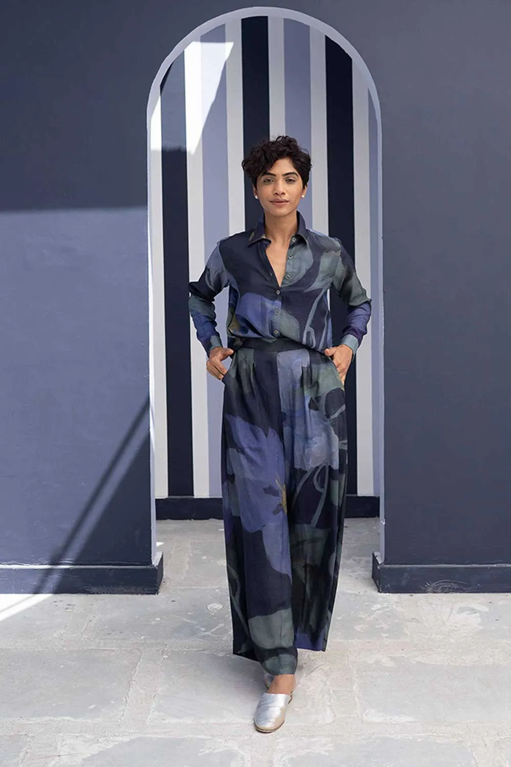 YAM   I   Almeria BABKA CO-ORD 2  (SHIRT & PANTS) SILK BLUE YAMBILLIE22
