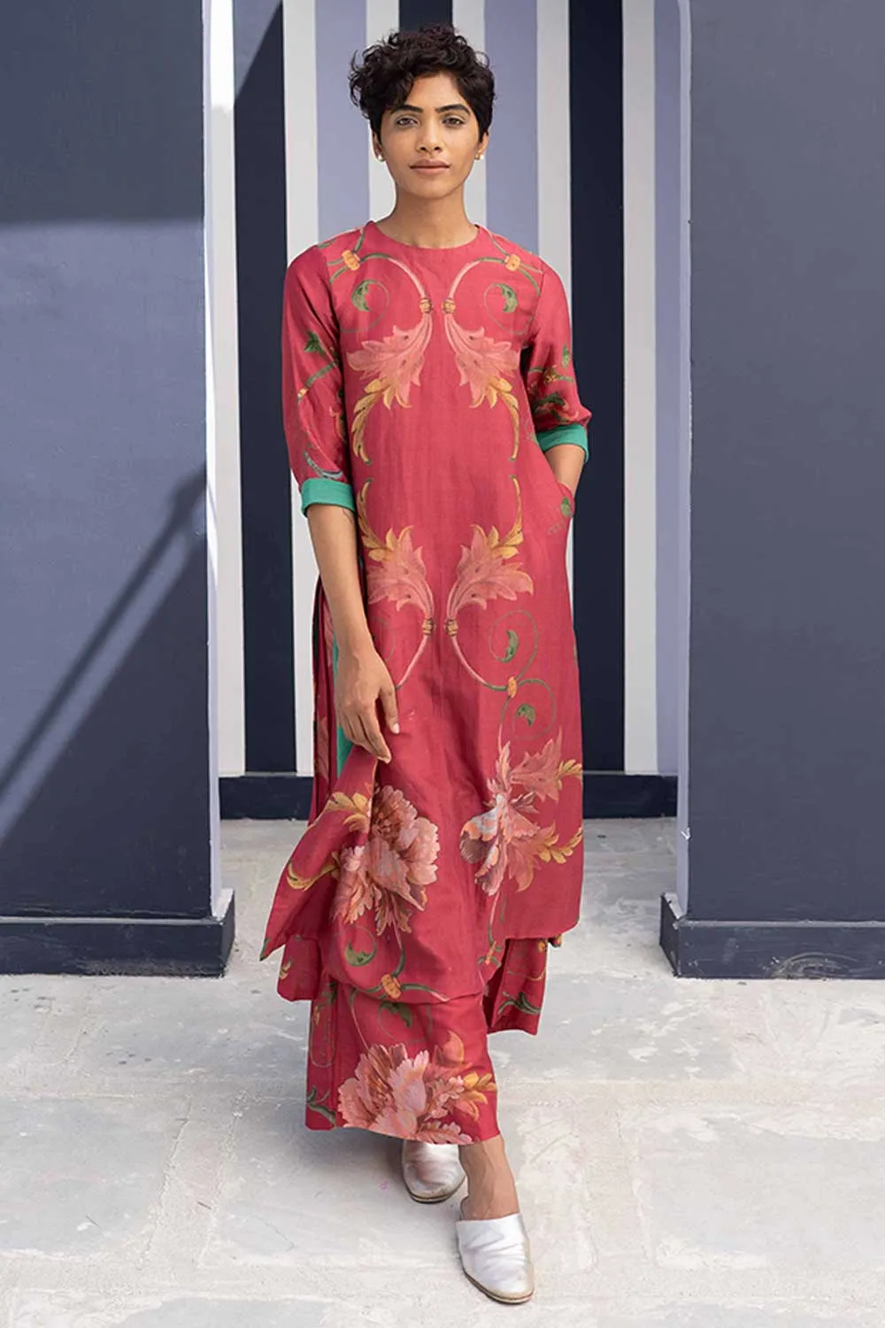YAM   I   Barcelona RANI ROSE KURTA SET 2  (KURTA & PANTS) SILK CHANDERI PINK YAMBILLIE02