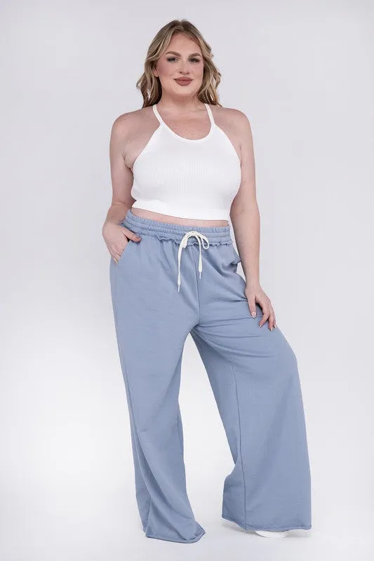 ZENANA Plus F/Terry Drawstring Waist Raw Edge Hem Pants
