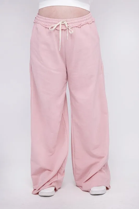 ZENANA Plus F/Terry Drawstring Waist Raw Edge Hem Pants