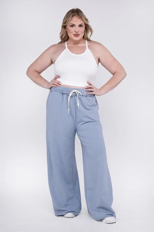 ZENANA Plus F/Terry Drawstring Waist Raw Edge Hem Pants