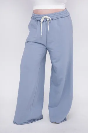 ZENANA Plus F/Terry Drawstring Waist Raw Edge Hem Pants