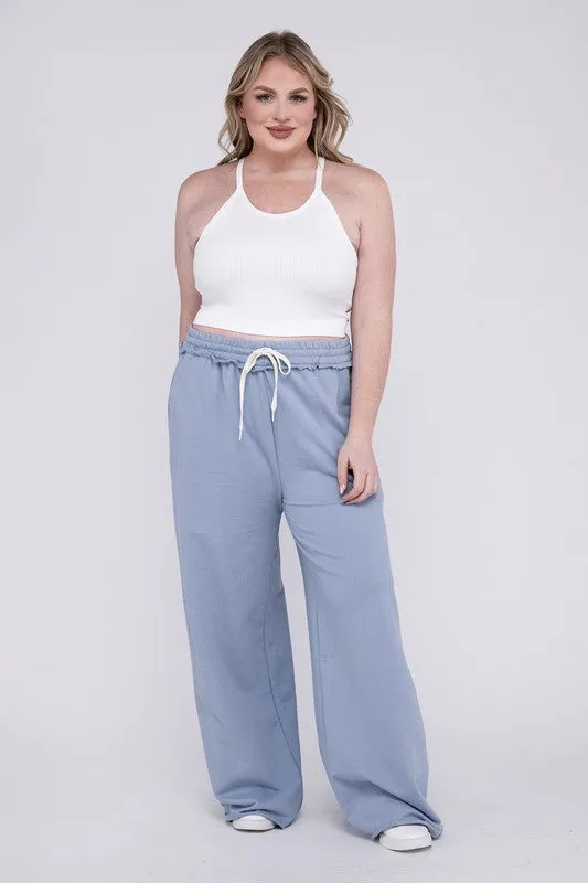 ZENANA Plus F/Terry Drawstring Waist Raw Edge Hem Pants