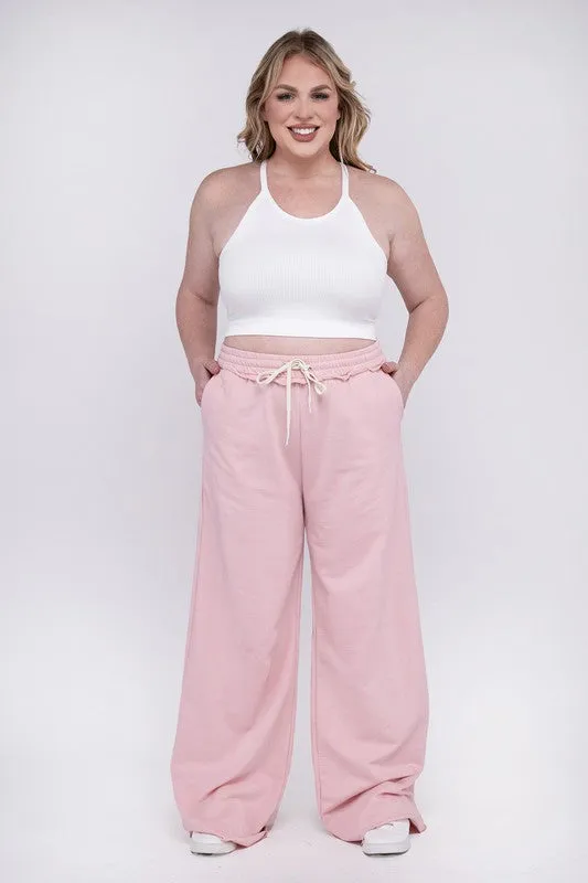 ZENANA Plus F/Terry Drawstring Waist Raw Edge Hem Pants