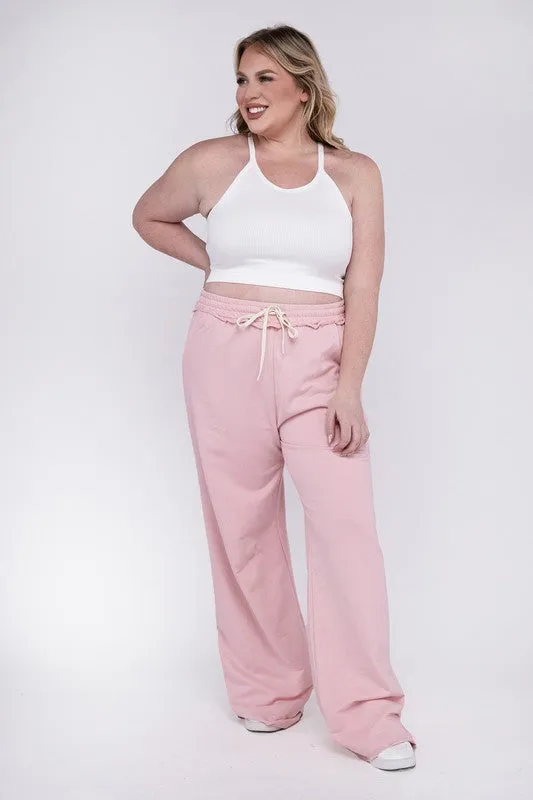 ZENANA Plus F/Terry Drawstring Waist Raw Edge Hem Pants