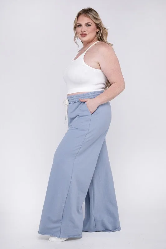 ZENANA Plus F/Terry Drawstring Waist Raw Edge Hem Pants