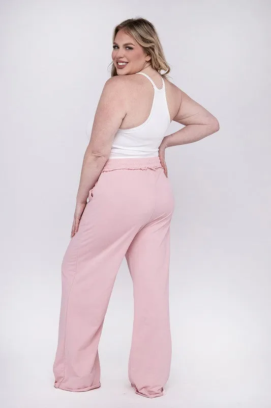 ZENANA Plus F/Terry Drawstring Waist Raw Edge Hem Pants