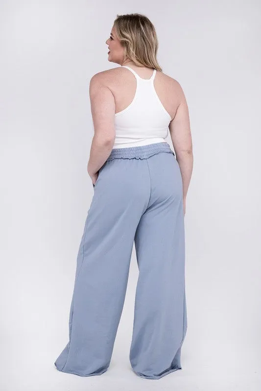 ZENANA Plus F/Terry Drawstring Waist Raw Edge Hem Pants