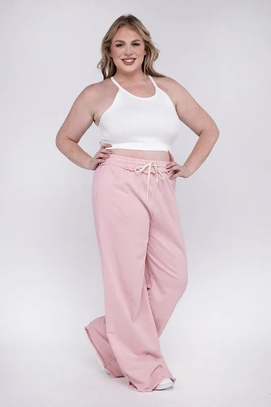 ZENANA Plus F/Terry Drawstring Waist Raw Edge Hem Pants